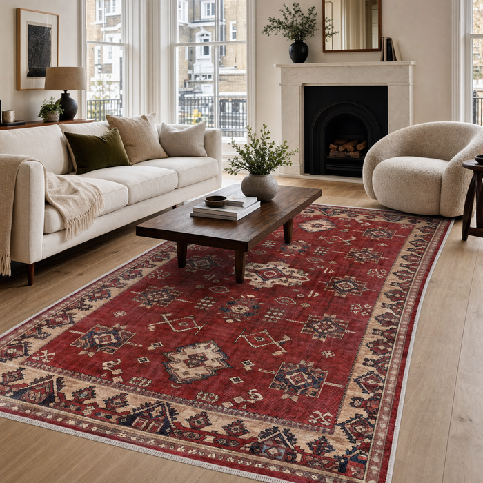 Curated Medallion Burgundy Traditional Washable Rug shown in an illustrative room