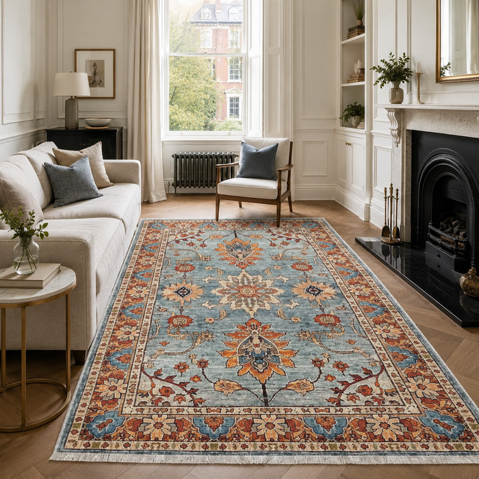 Symmetric Diamonds Navy Blue Traditional Washable Rug shown in an illustrative room