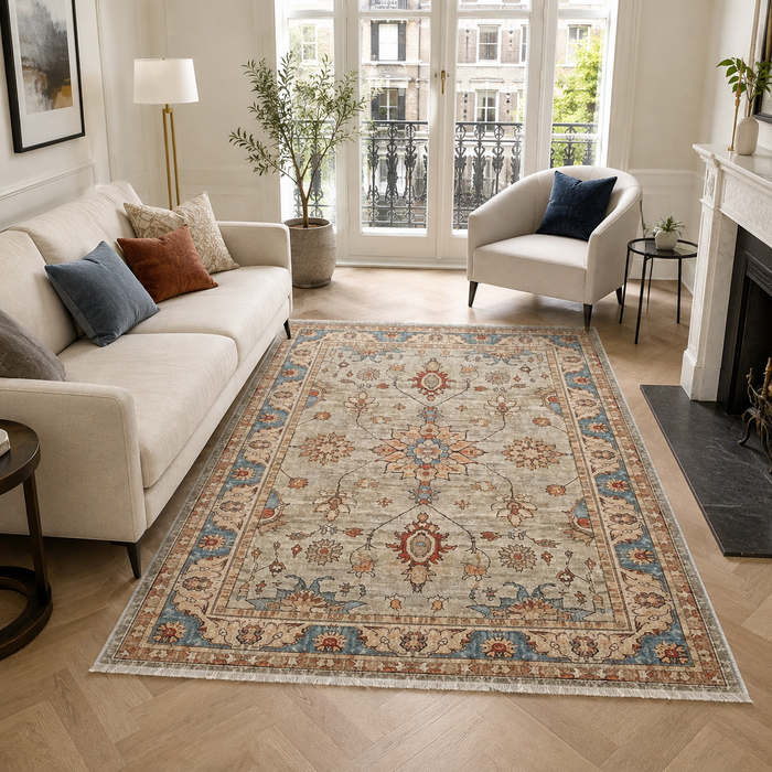 Graceful Medallion Off White Traditional Washable Rug shown in an illustrative room