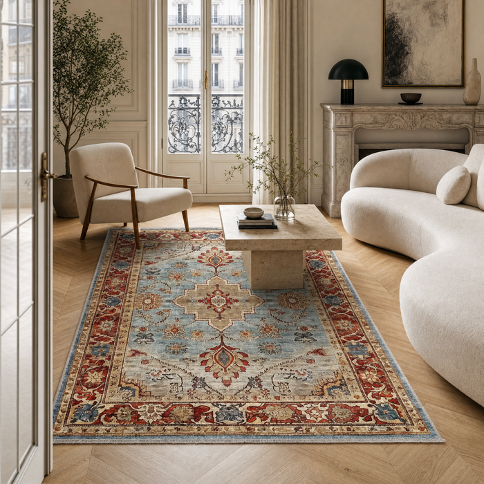 Keepsake Diamonds Indigo Blue Traditional Washable Rug shown in an illustrative room