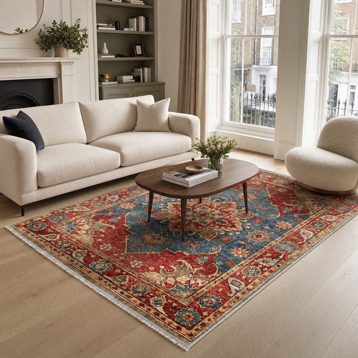 Crown Floral Burnt Red Traditional Washable Rug shown in an illustrative room