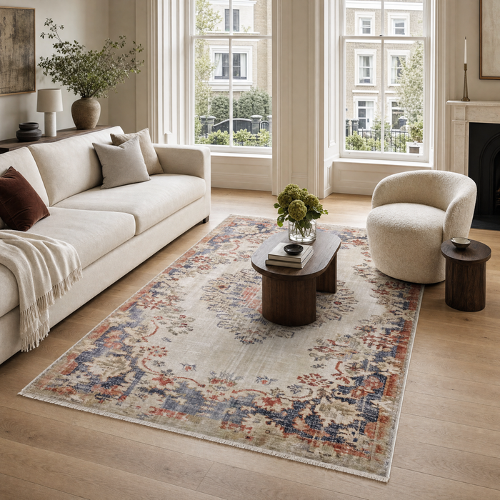 Traditional Medallion Slate Grey Washable Rug shown in an illustrative room