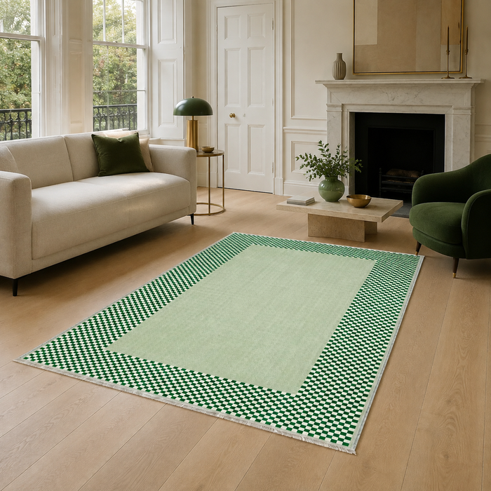 Homestead Geometry Muted Green Washable Rug shown in an illustrative room