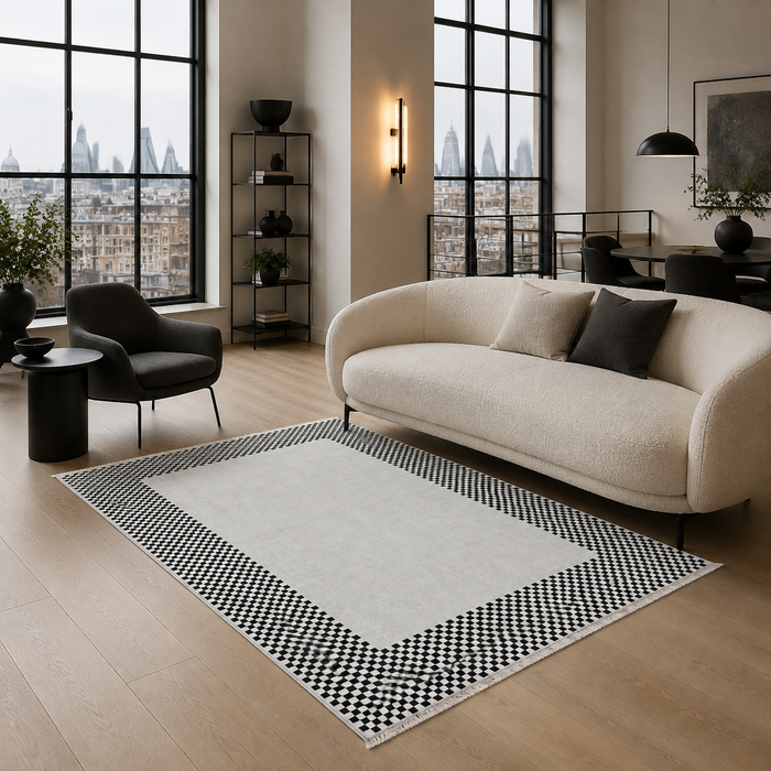 Open Mosaic Mid Grey Geometric Washable Rug shown in an illustrative room
