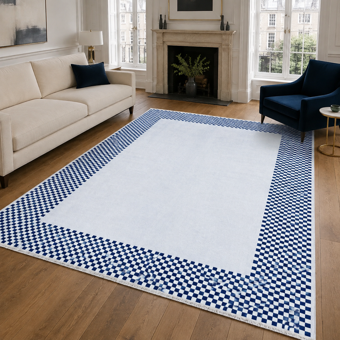 Detailed Geometry Deep Blue Washable Rug shown in an illustrative room