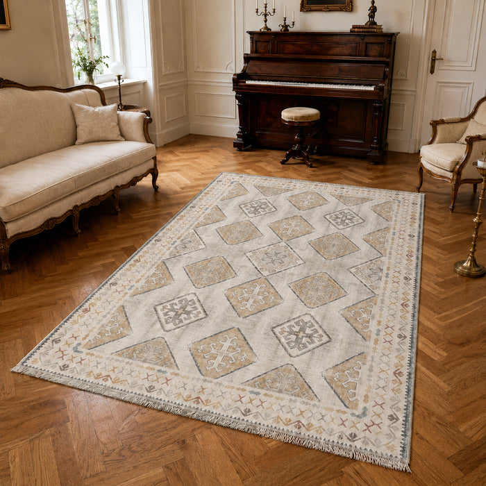 Deep Medallion Off White Traditional Washable Rug shown in an illustrative room
