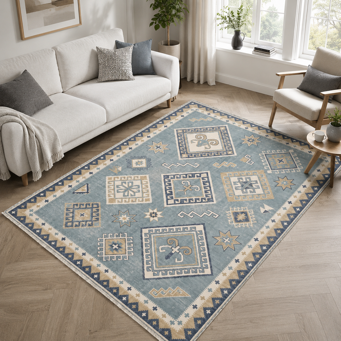 Archive Border Indigo Blue Heritage Washable Rug shown in an illustrative room