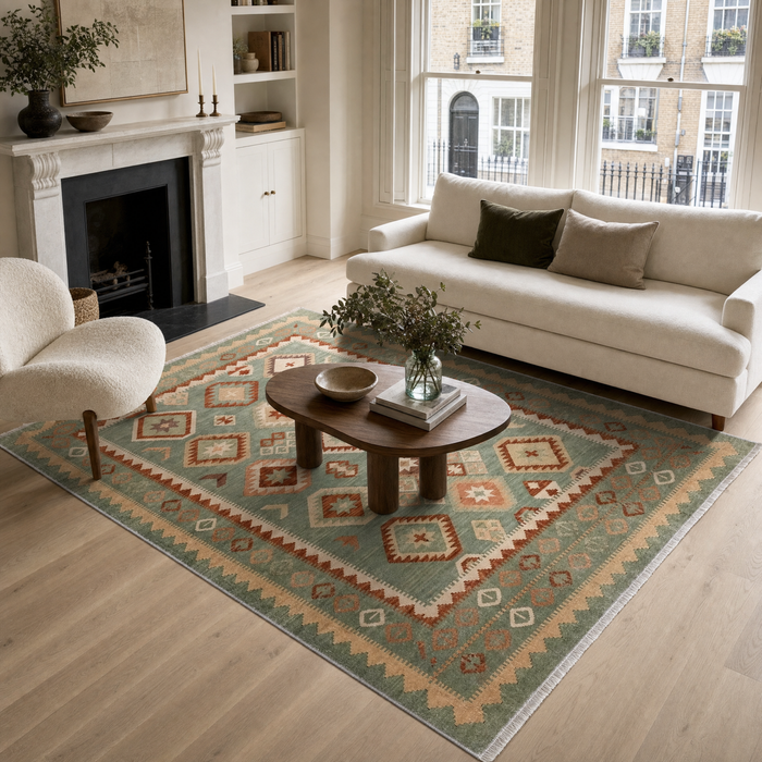 Crown Heritage Muted Green Washable Rug shown in an illustrative room