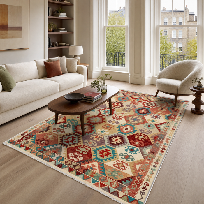 Strong Heritage Burnt Orange Washable Rug shown in an illustrative room