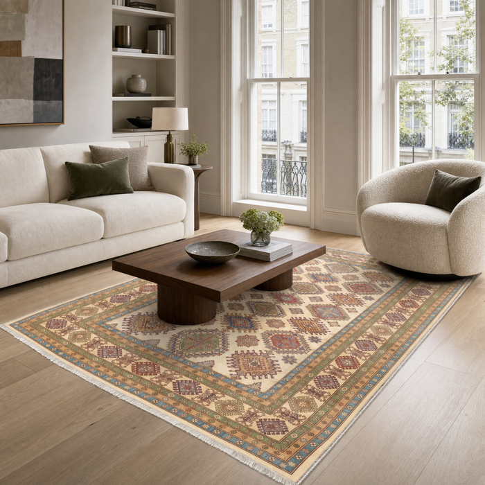 Balanced Geometry Warm White Heritage Washable Rug shown in an illustrative room