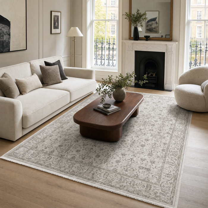 Keepsake Diamonds Off White Traditional Washable Rug shown in an illustrative room