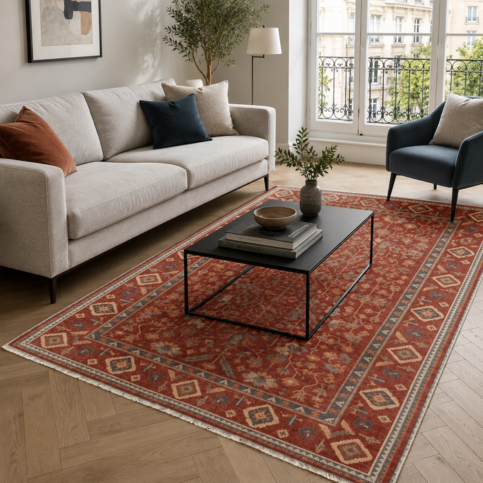 Balanced Geometry Deep Red Heritage Washable Rug shown in an illustrative room