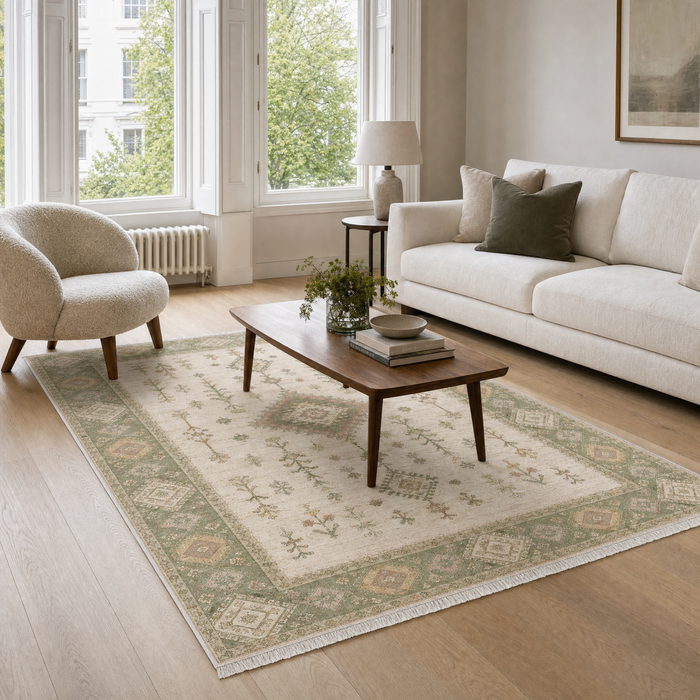 Premier Border Natural Beige Heritage Washable Rug shown in an illustrative room