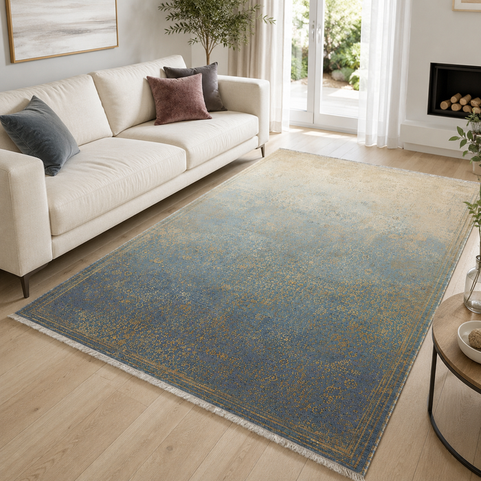 Radiant Stripes Indigo Blue Abstract Washable Rug shown in an illustrative room