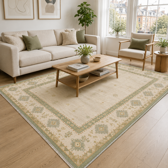 Quiet Stripes Natural Beige Heritage Washable Rug shown in an illustrative room