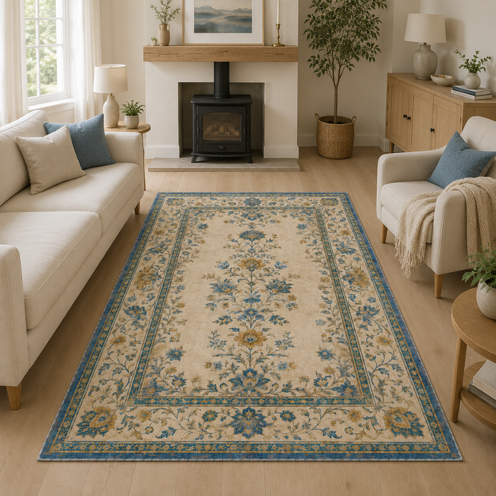 Century Lattice Natural Beige Floral Washable Rug shown in an illustrative room