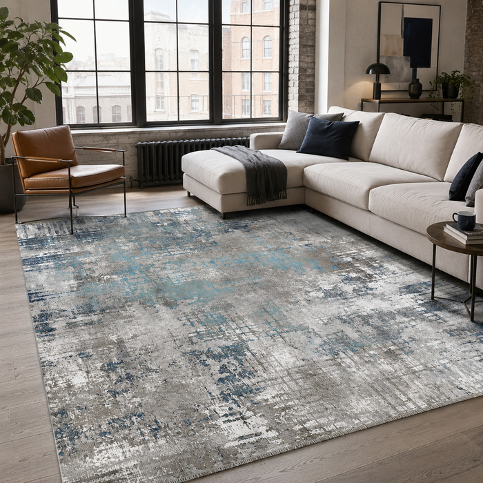 Keepsake Mosaic Slate Grey Modern Washable Rug shown in an illustrative room