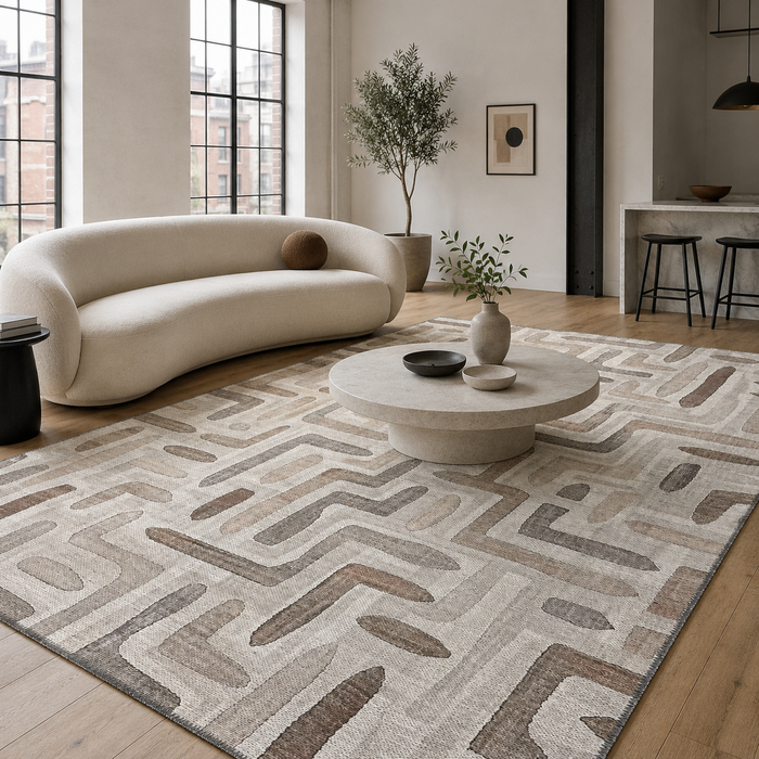 Layered Geometry Taupe Washable Rug shown in an illustrative room