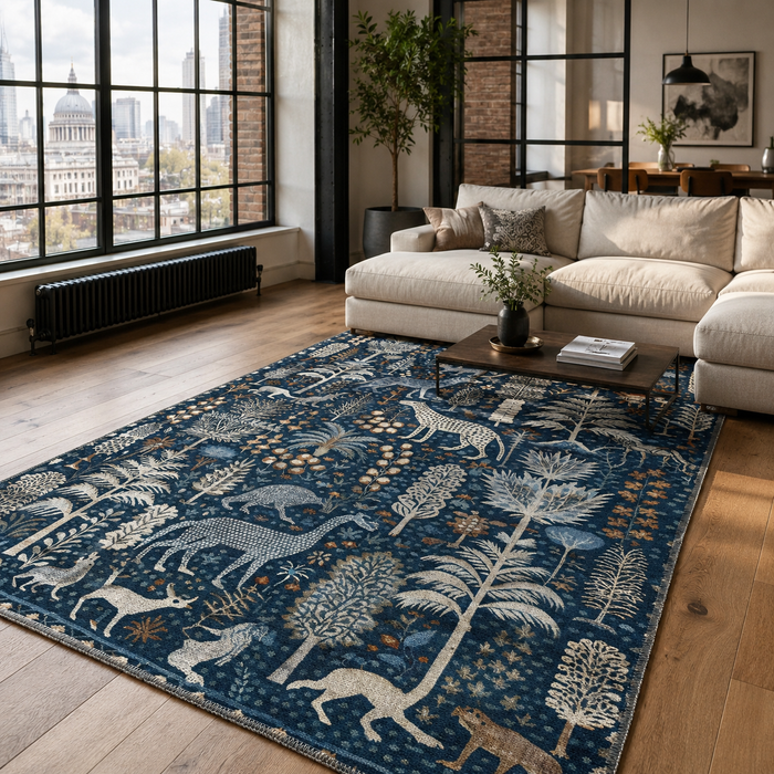 Archive Border Bright Blue Heritage Washable Rug shown in an illustrative room