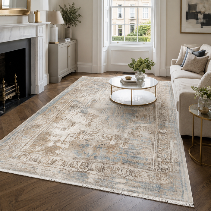 Crossed Border Mid Blue Traditional Washable Rug shown in an illustrative room