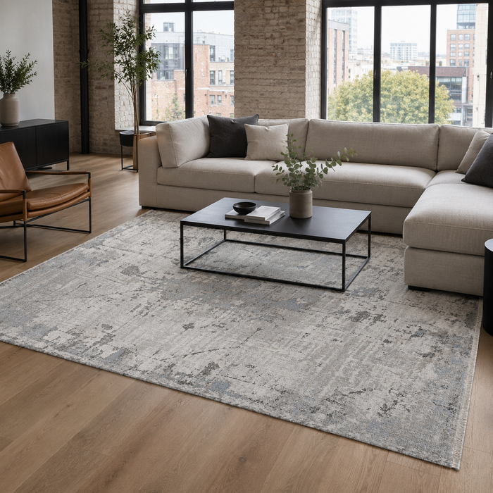 Crisp Patina Soft Grey Vintage Washable Rug shown in an illustrative room