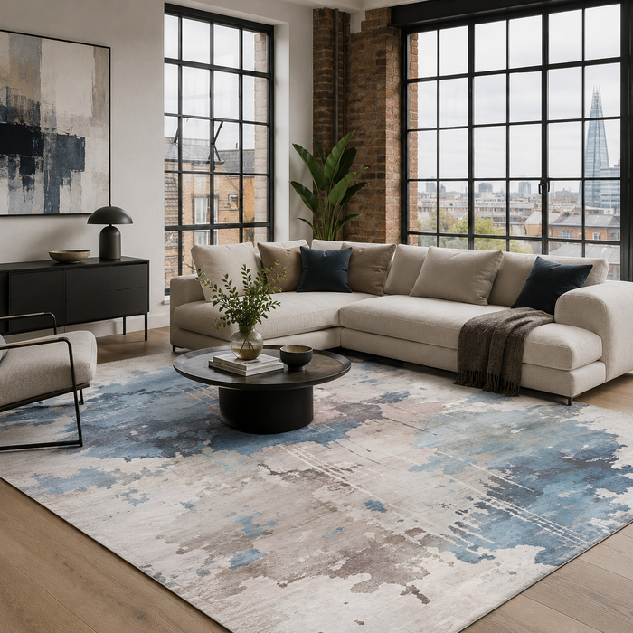 Dusky Linework Silver Grey Modern Washable Rug shown in an illustrative room