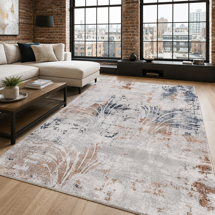 Hearth Linework Mid Blue Modern Washable Rug shown in an illustrative room