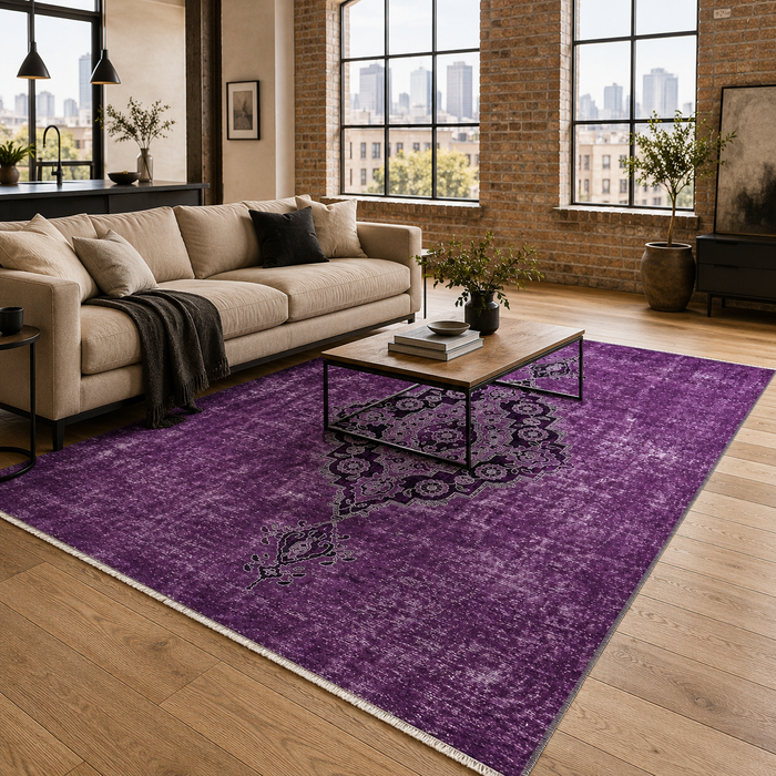 Courtyard Geometry Soft Purple Heritage Washable Rug shown in an illustrative room