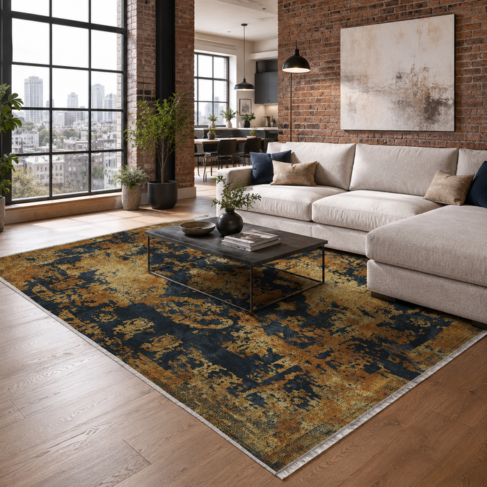 Georgian Patina Charcoal Black Vintage Washable Rug shown in an illustrative room