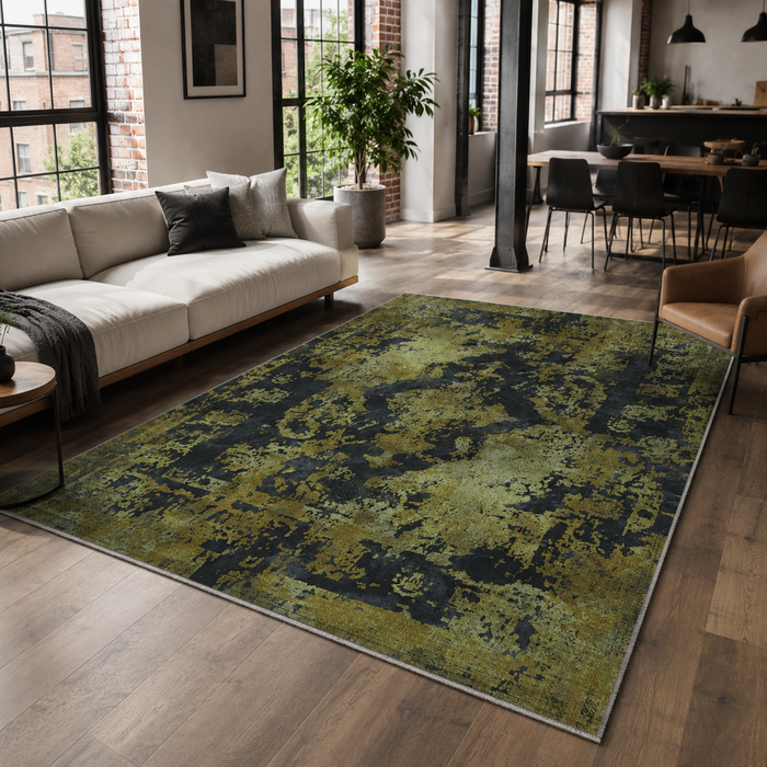 Patterned Patina Dark Grey Vintage Washable Rug shown in an illustrative room