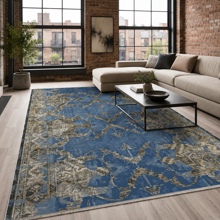 Royal Patina Mid Blue Vintage Washable Rug shown in an illustrative room