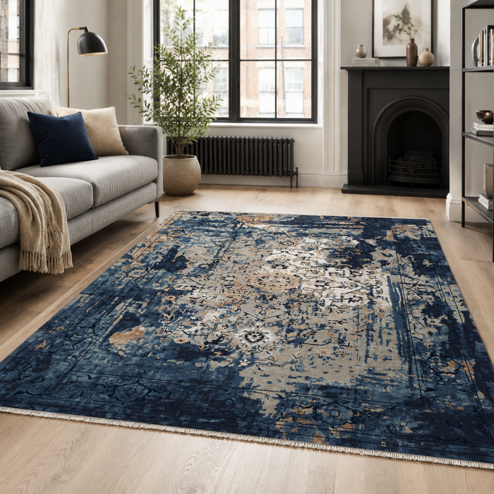 Softened Patina Bright Blue Vintage Washable Rug shown in an illustrative room
