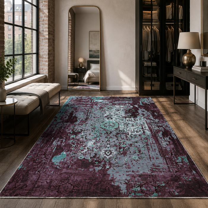 Parlour Patina Muted Green Vintage Washable Rug shown in an illustrative room
