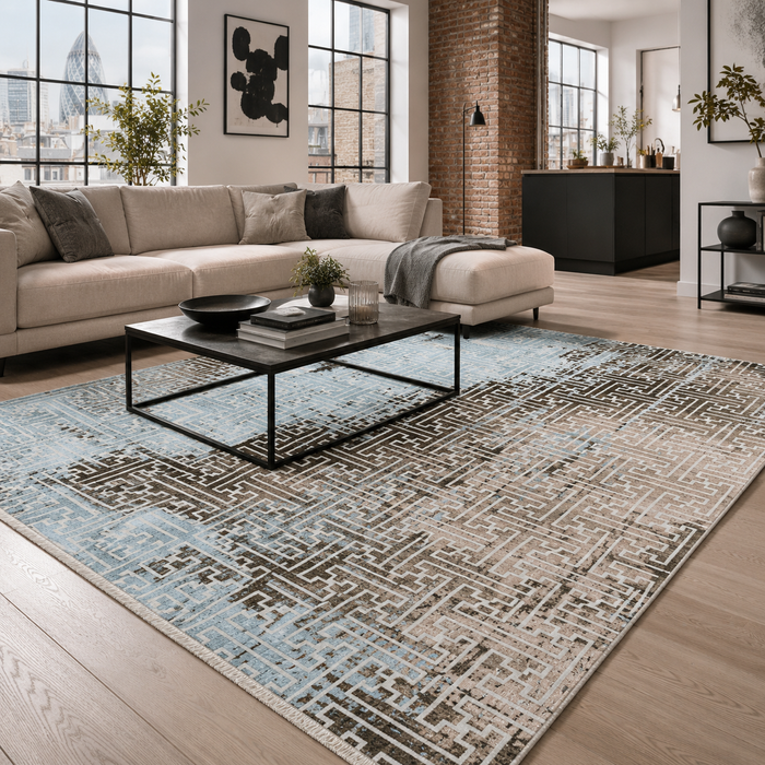 Detailed Geometry Mid Blue Washable Rug shown in an illustrative room