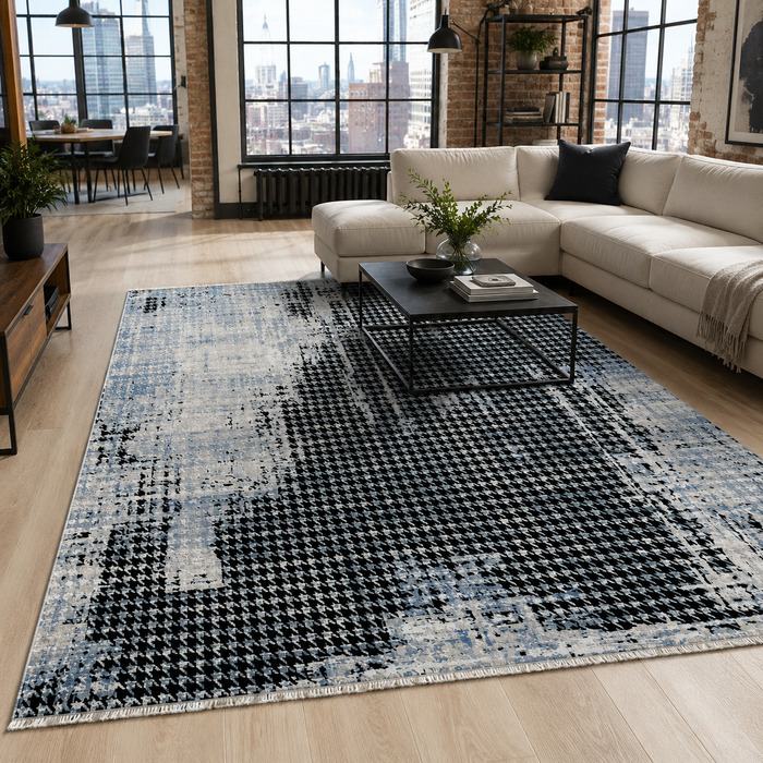 Abstract Linework Navy Blue Modern Washable Rug shown in an illustrative room