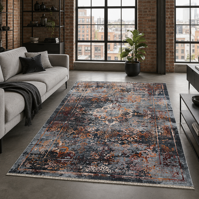 Crown Floral Mid Grey Traditional Washable Rug shown in an illustrative room
