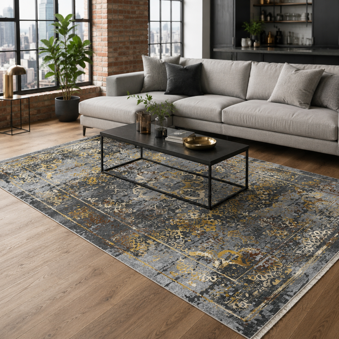 Heritage Medallion Slate Grey Traditional Washable Rug shown in an illustrative room