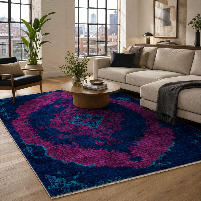 Traditional Medallion Mid Blue Washable Rug shown in an illustrative room