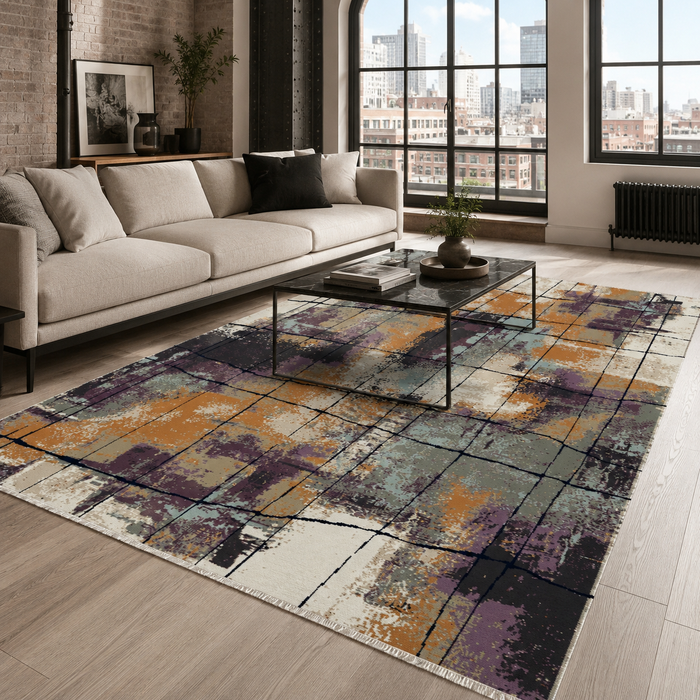 Loomed Linework Golden Modern Washable Rug shown in an illustrative room