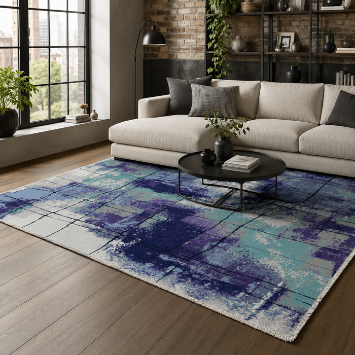 Regal Linework Navy Blue Modern Washable Rug shown in an illustrative room