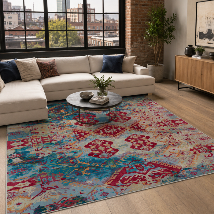 Evening Heritage Deep Red Washable Rug shown in an illustrative room