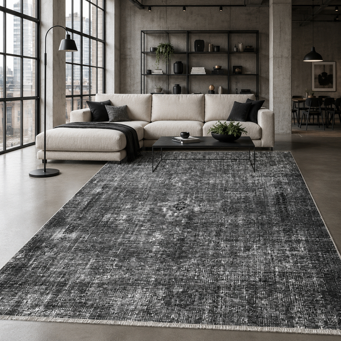 Timeless Border Dark Blue Vintage Washable Rug shown in an illustrative room