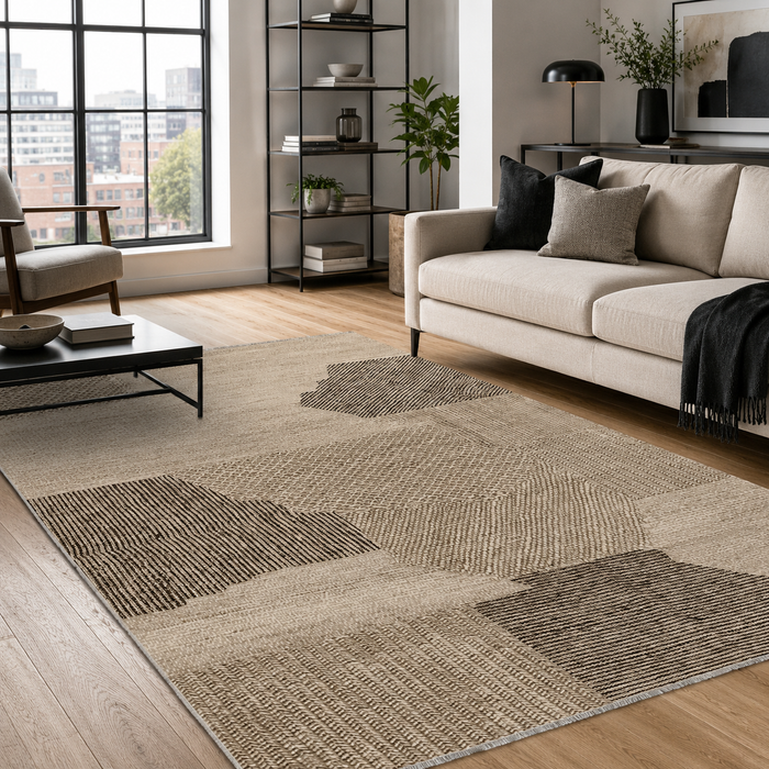 Moonlit Stripes Dark Brown Modern Washable Rug shown in an illustrative room