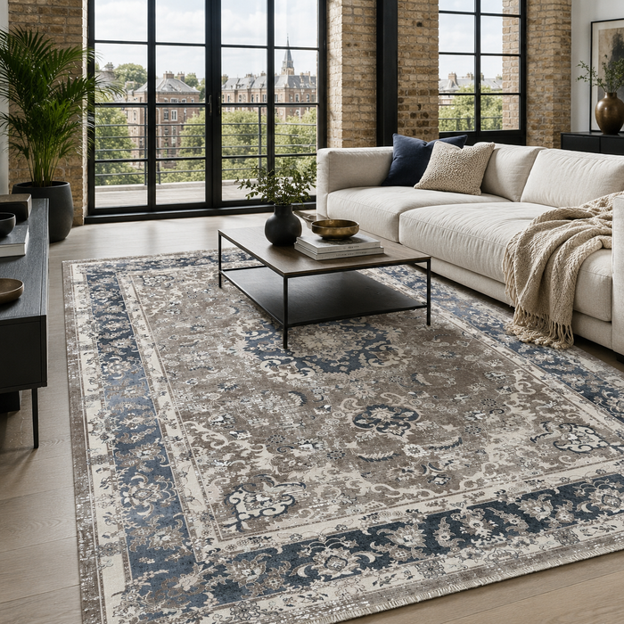 Layered Lattice Off White Traditional Washable Rug shown in an illustrative room
