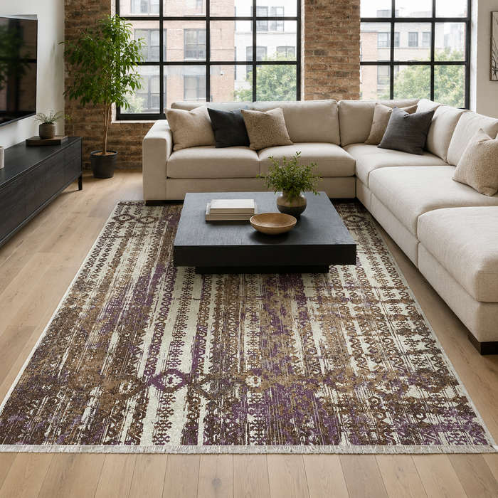 Grand Border Deep Purple Heritage Washable Rug shown in an illustrative room
