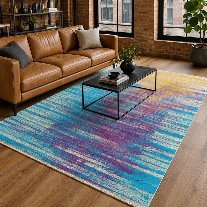 Keepsake Linework Deep Blue Modern Washable Rug shown in an illustrative room