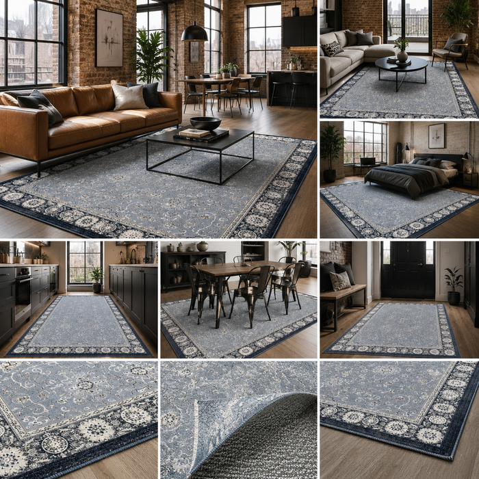 Cool Border Navy Blue Traditional Washable Rug shown in an illustrative room