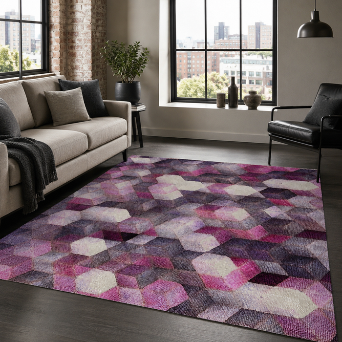 Cool Linework Deep Purple Modern Washable Rug shown in an illustrative room