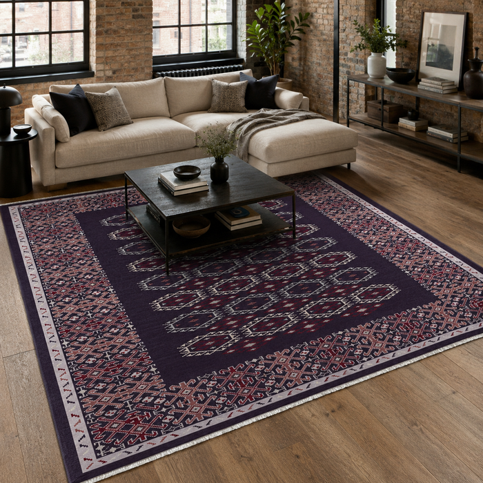 Rhythmic Waves Deep Blue Heritage Washable Rug shown in an illustrative room