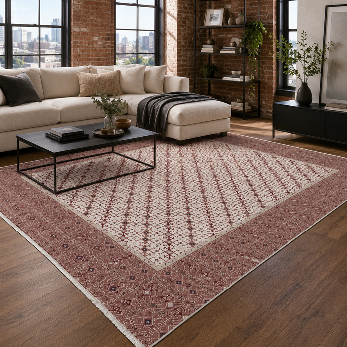 Bold Border Warm Orange Heritage Washable Rug shown in an illustrative room